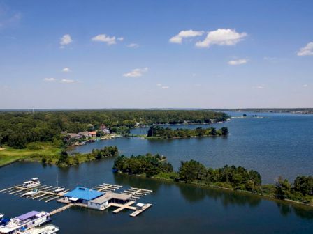 An aerial view of a serene lake with a marina, boats, and lush green trees surrounding the water under a clear blue sky with scattered clouds.