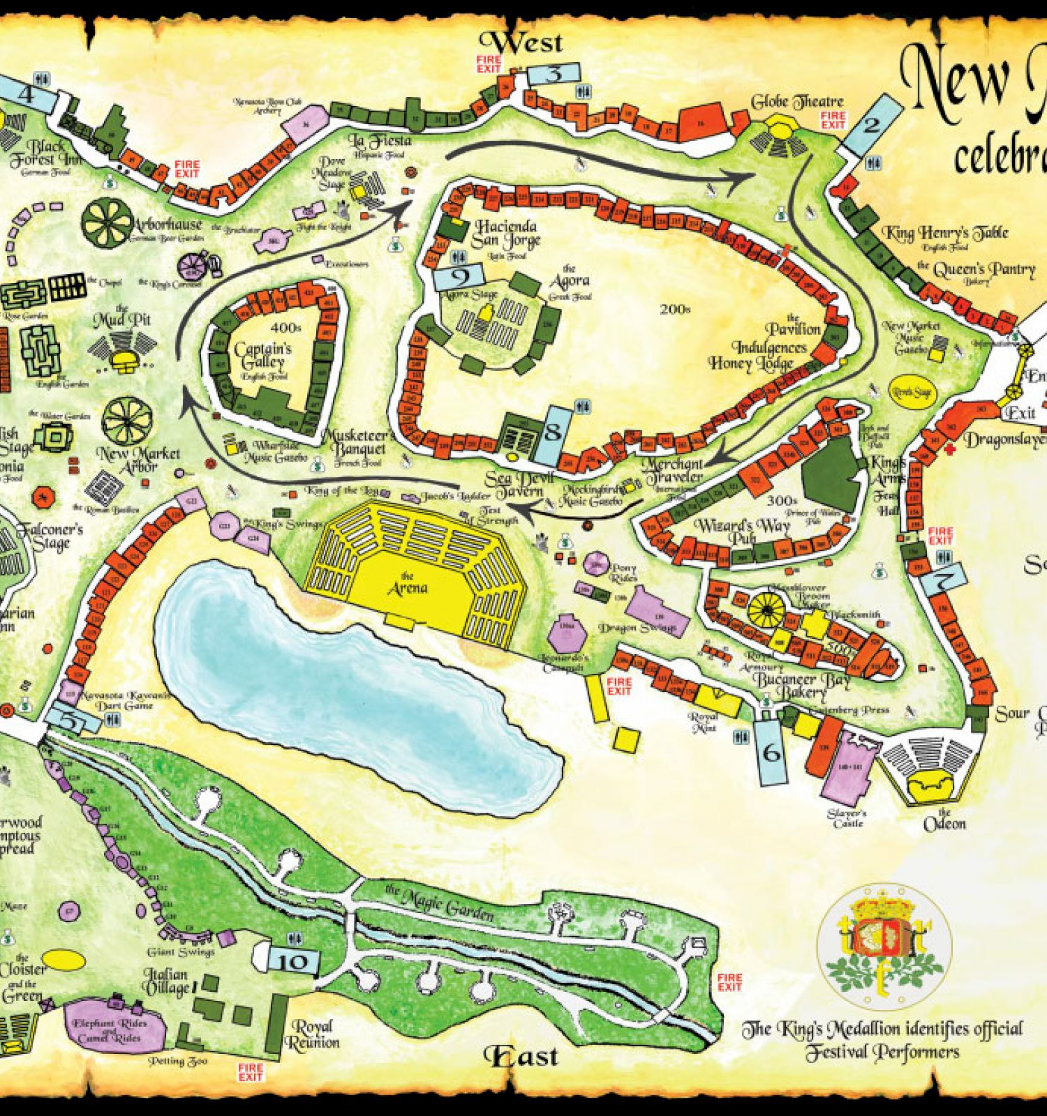 This is a map of New Market Village for the 38th annual Texas Renaissance Festival. Various attractions and sponsors like Coca-Cola and Bud Light are shown.