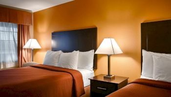 A hotel room with two neatly made beds featuring dark headboards, bedside tables with lamps, and a window with curtains letting in natural light.